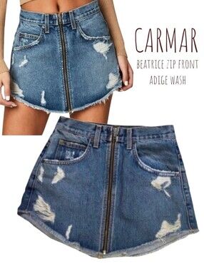 CARMAR Women beatrice zip front distressed Frayed denim jean skirt adige wash 26